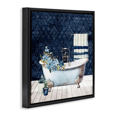 Blue Damask Bathroom Framed Floater Canvas Wall Art by Kim Allen