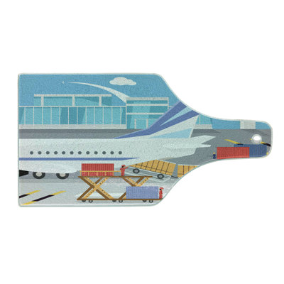 Ambesonne Airport Tempered Glass Cutting Board Loading Cargo Plane Cartoon Multicolor
