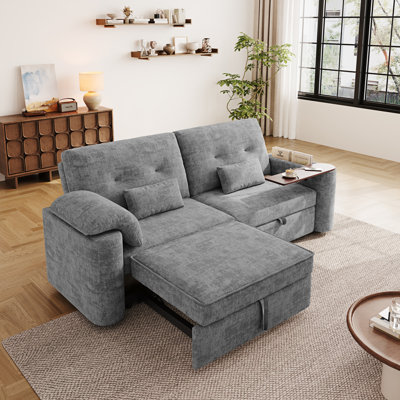 82'' Convertible Pull-Out Sofa Bed with 270° Swivel Table, Chenille 3-in-1 Sleeper Sofa for Living Room, Grey