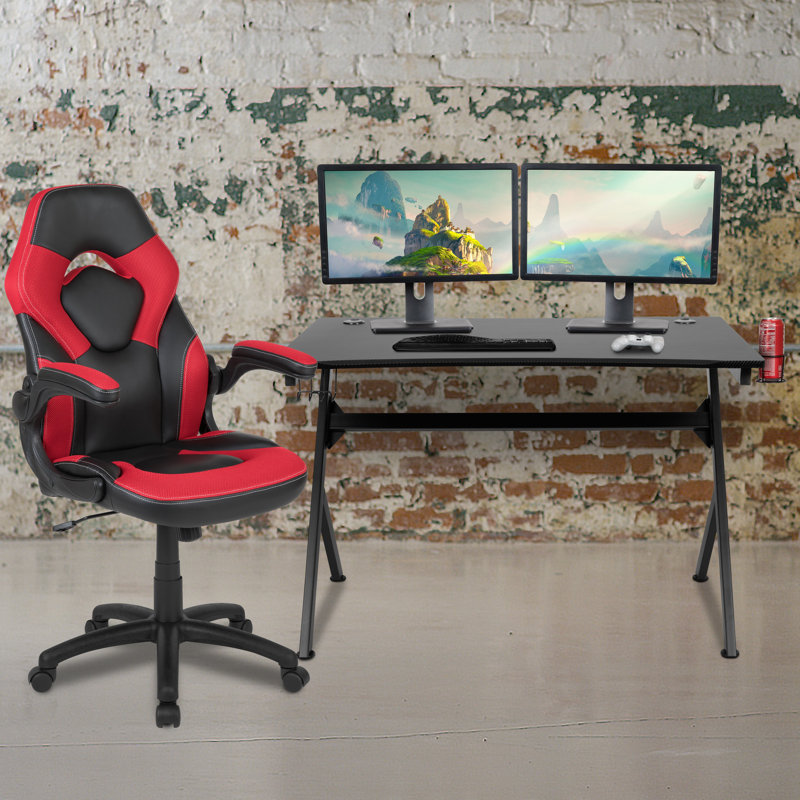 Bridesdale Gaming Desk And Racing Chair Set With Cup Holder, Headphone Hook & 2 Wire Management Holes, Red
