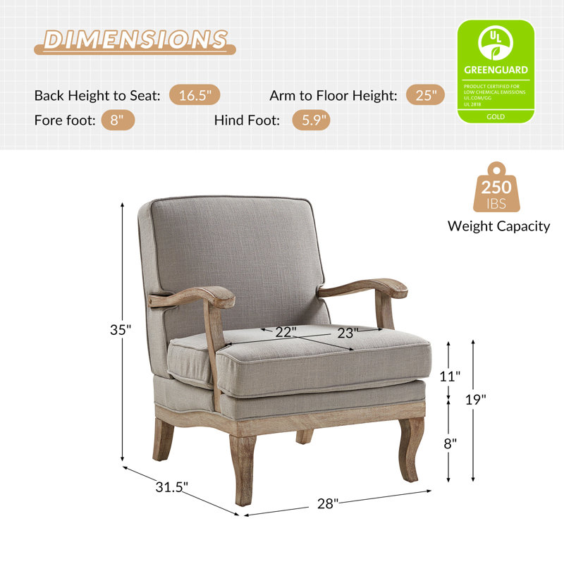 Fauteuil de ferme en polyester de 28 po avec pieds en bois massif Amilio, Gris