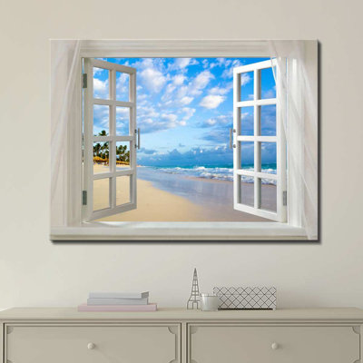 "Serene Coastal Clear Sea And Tropical Beach Open Window Modern Wall Home Decor" sur toile