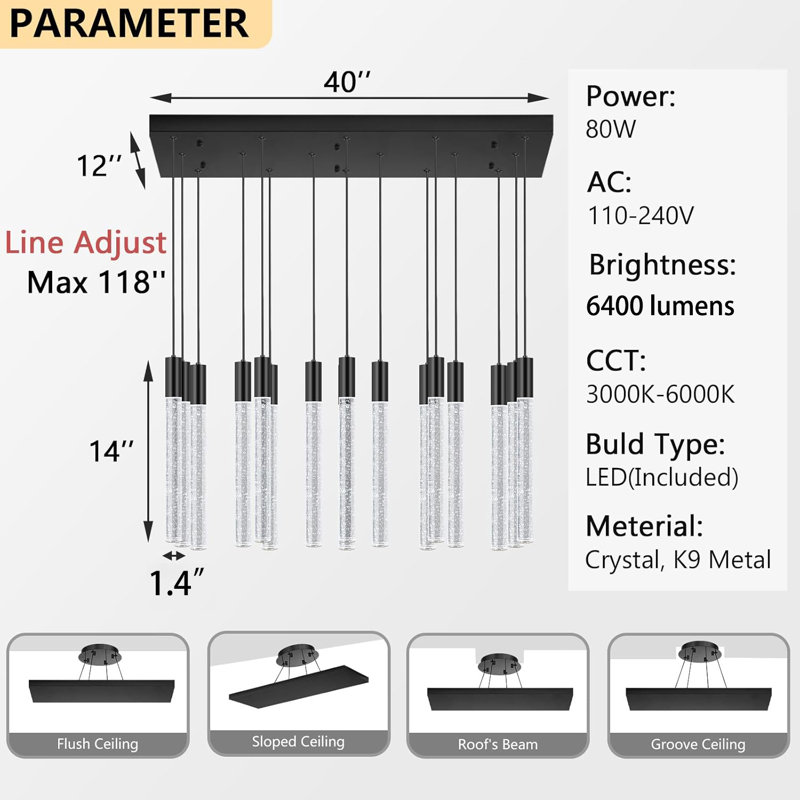 16 Lights Rectangular Modern Glam Chandelier, Matte Black