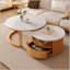 Table basse ronde gigogne avec plateau en marbre blanc, rangement à 2 niveaux et 1 tiroir