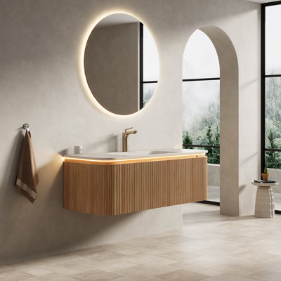 Meuble-lavabo flottant 48 po en pierre naturelle, fritté avec travertin intégré, lumière DEL à capteur, armoire en bois naturel rayé 3D, 2 tiroirs à fermeture en douceur