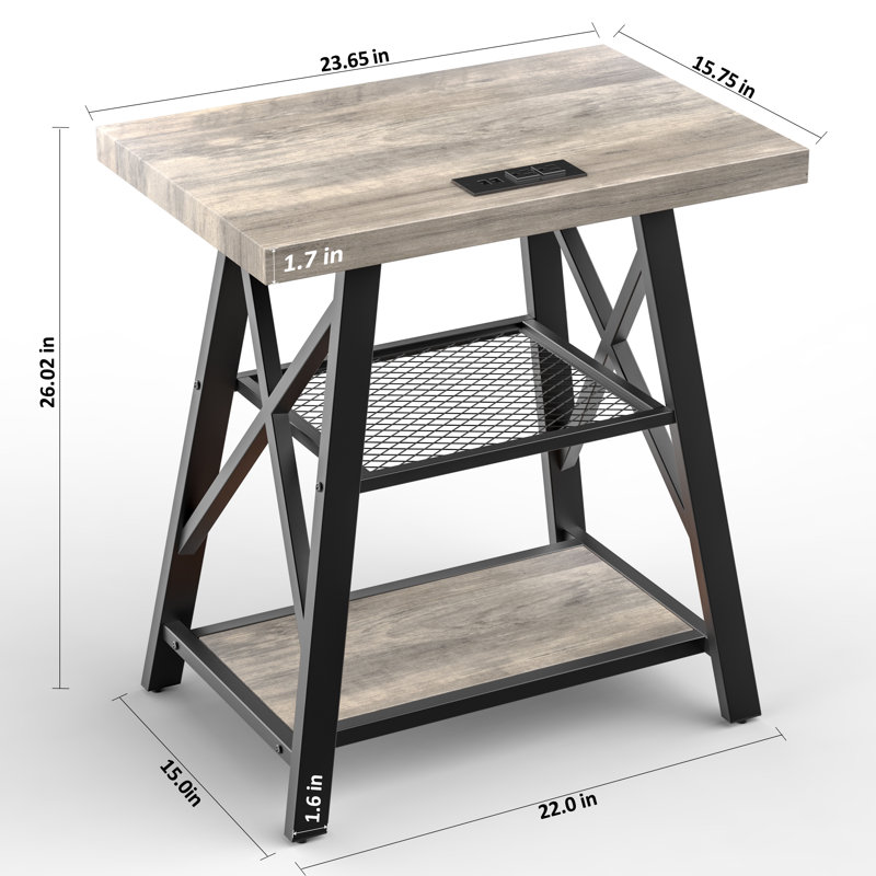 Table de chevet haute Stokesvale avec 2 ports USB, 2 prises de courant et 2 tablettes de rangement, Gris délavé