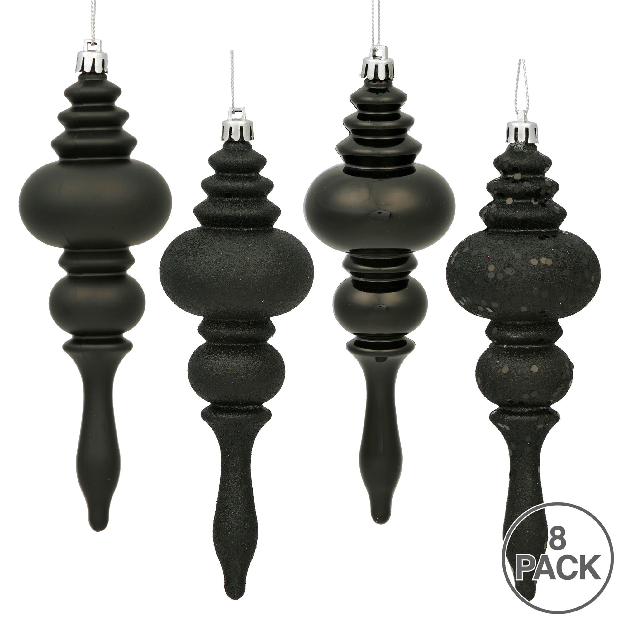 7" Finial Ornament 8/Pk, Black