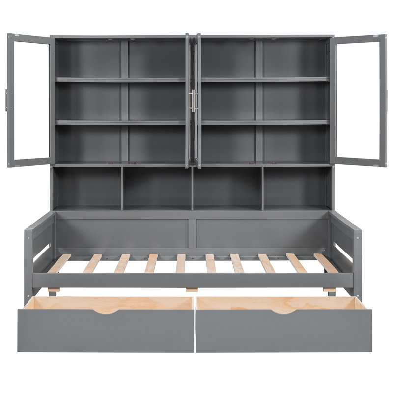 Élégant lit de jour simple avec lumières à DEL et armoire de rangement à porte vitrée, espace d'éclairage gris, Lit simple