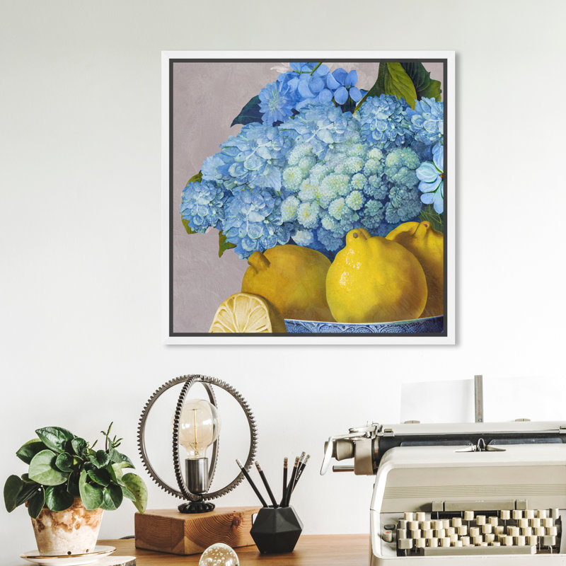 Hortensias et jour des citrons - Peinture, H 13 po x l 13 po, Cadre blanc