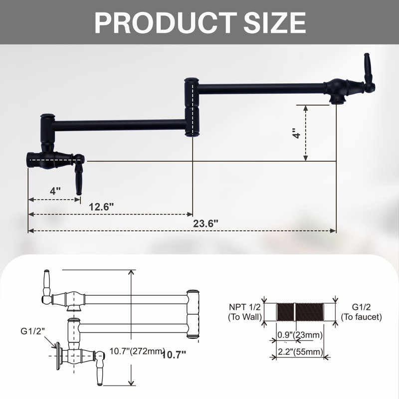 Wall Mounted Pot Filler 2-handles Kitchen Faucet With 360° Spout Swivel In Matte Black, Matte Black
