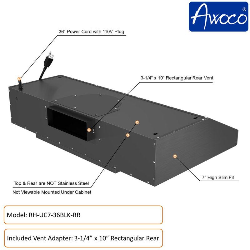Awoco 36" Stainless Steel 900 CFM Ducted (Vented) Under Cabinet Range Hood with Baffle Filter