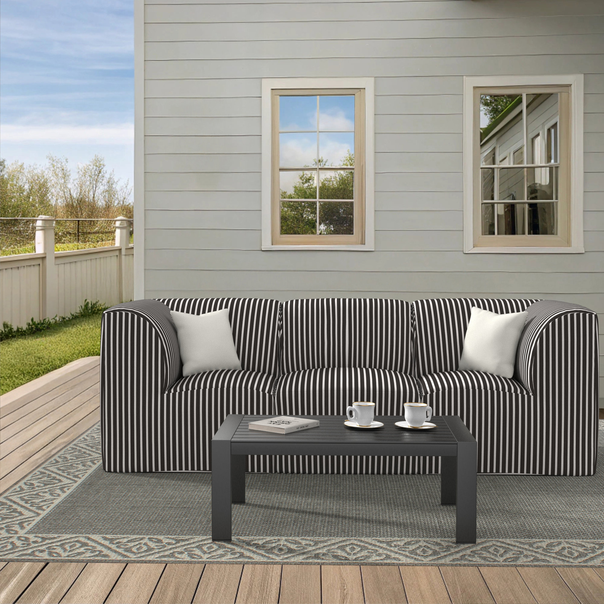 Eliana 96" Sunbrella Outdoor Sofa, Shore Classic Black Stripe Sunbrella®