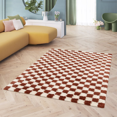 Machine Woven Rug, Chequered, Terracotta