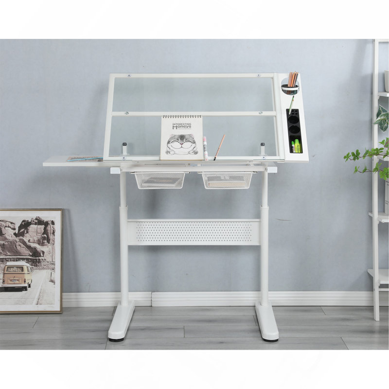 Table à dessin à manivelle réglable avec 2 tiroirs en métal et tabouret, Blanc