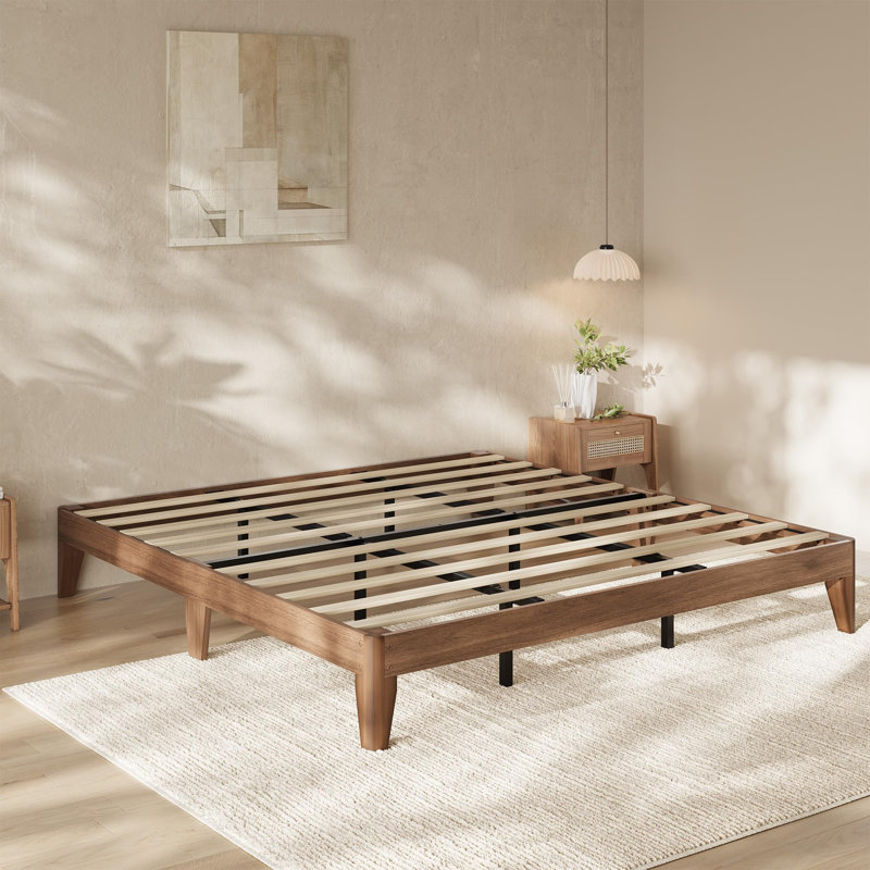 Base de lit plateforme en bois, pieds et lattes robustes en bois avec support central en métal, hauteur de 11,8 po, rangement sous le lit de 7,5 po, aucun sommier requis, assemblage facile, silencieux