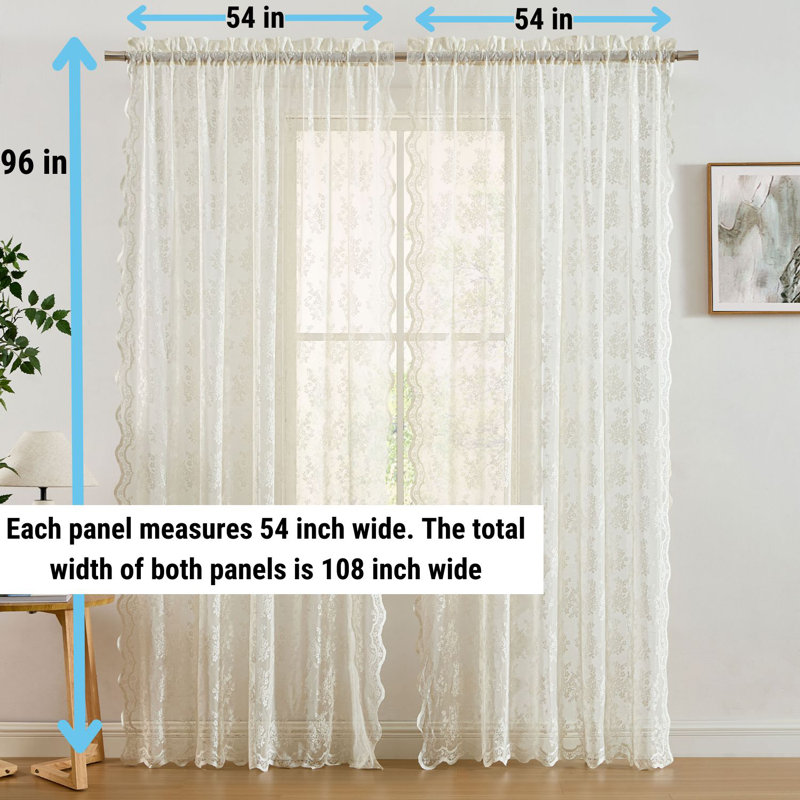 Palomares Floral Soft Decorative Lace Semi Sheer Light Filtering Rod Pocket Window Treatment Curtain, Ivory, 54" W x 96" L