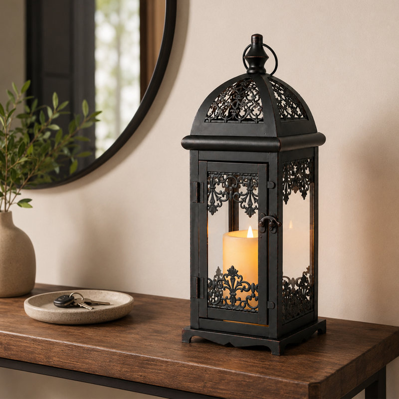 15" Gothic Decorative Candle Lantern （Black）, 1