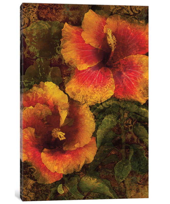 «Hibiscus I» par John Seba - impression d'art graphique, H 48 po x l 32 po x P 1,5 po, Toile avec cadre noir, Pas de tapis