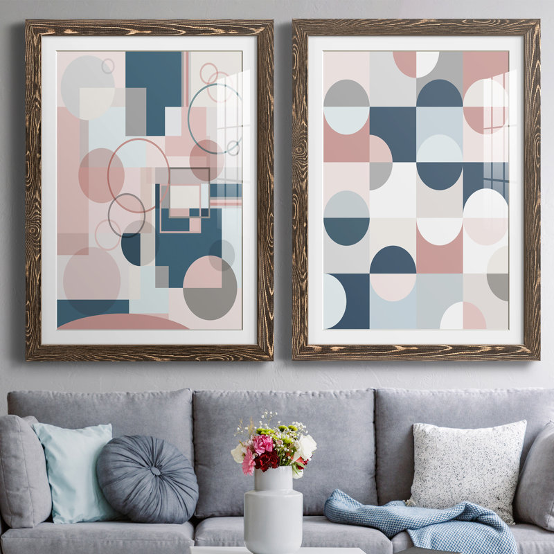 Modern Geo - ensemble de 2 peintures, Papier, cadre noyer, H 44 po x l 31 po x P 1 po
