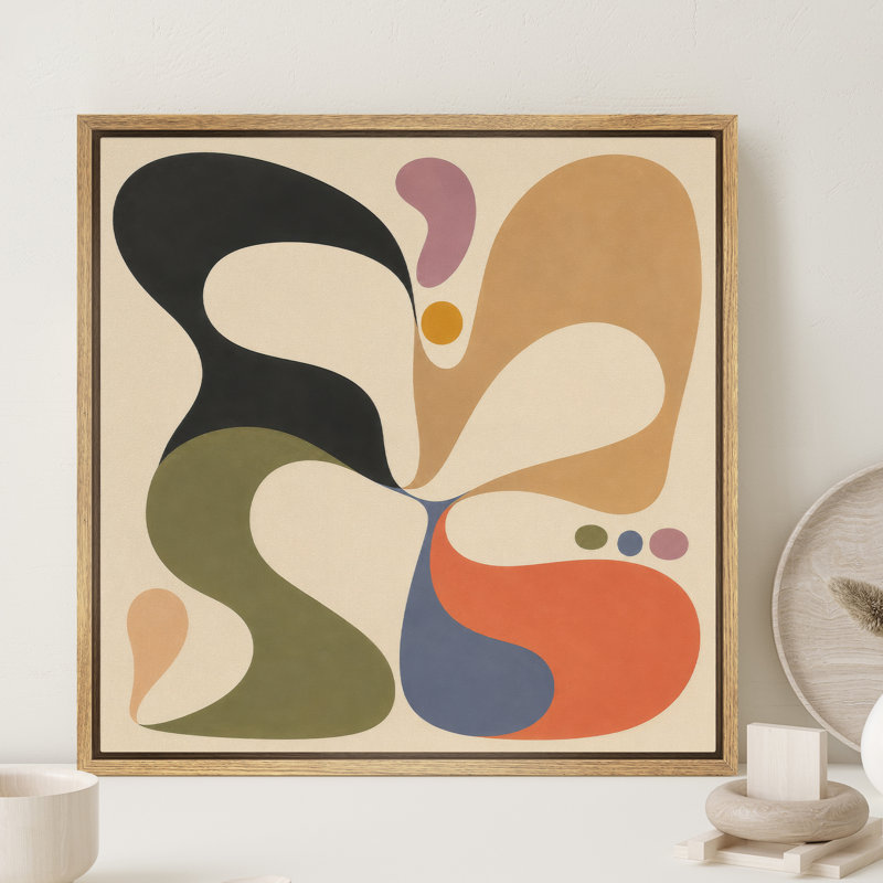 Décoration murale abstraite rétro olive orange noir formes organiques encadrée sur toile, H 24 po x l 24 po, Natural
