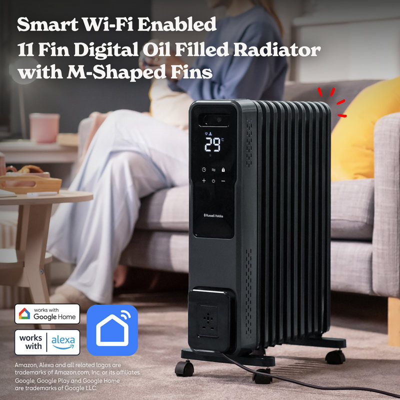 Russell Hobbs® RHOFR2500-M-D-SMT, Smart Wi-Fi Enabled 2500W 11 Fin Digital Oil Filled Radiator with M-Shaped Fins in Graphite