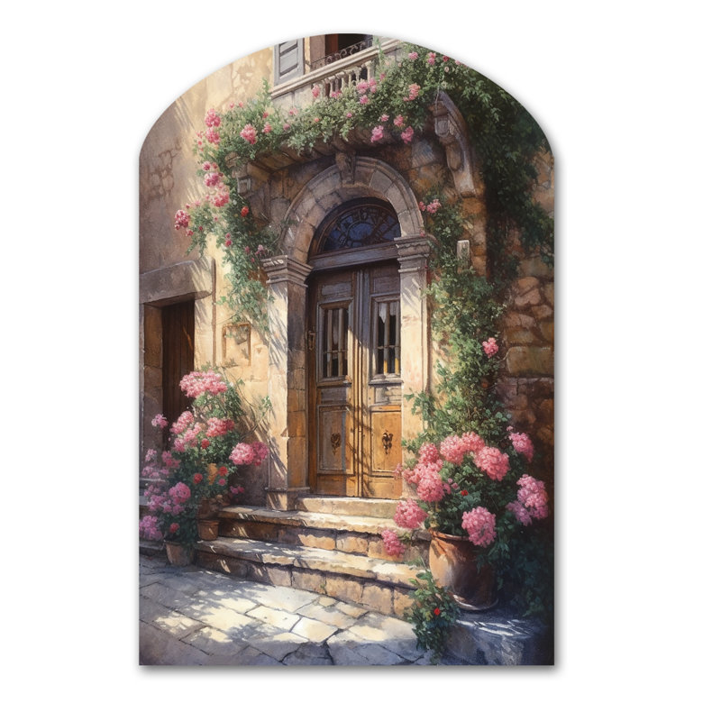 Village Door Filled With Flowers III - Asymmetrical Farm Door Floral Metal Wall Art, Arch Metal Wall Sculpture Print