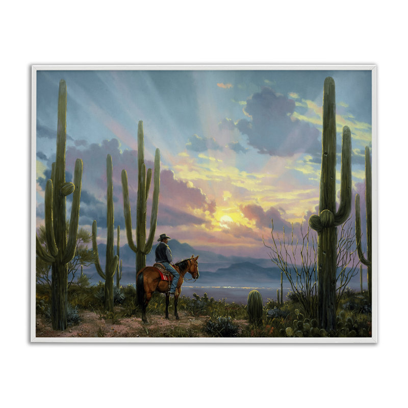 Western Cowboy avec de grands estampes de cactus, design par Jack Sorenson, H 16 po x l 20 po
