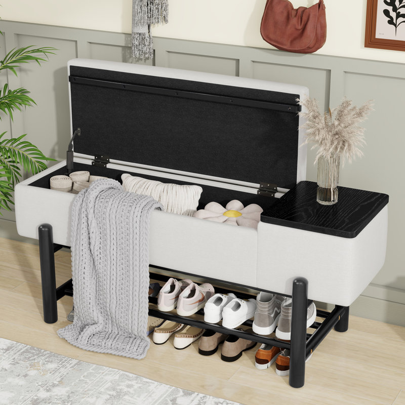Banc de rangement rembourré, Noir / Beige