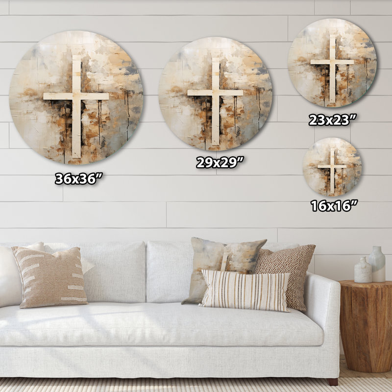 Minimalisme, Christianisme, croix, collage, spirituel, métal rond, art, H 16 po x l 16 po