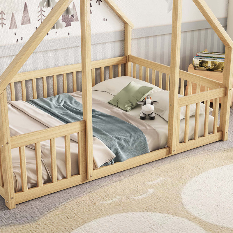 House-Shaped Floor Bed with Fence, Guardrails, Natural, Full