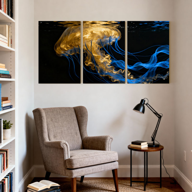 Méduse dorée, tentacules bleus sur fond sombre, ensemble de 3 impressions sur toile, H 18 po x l 36 po