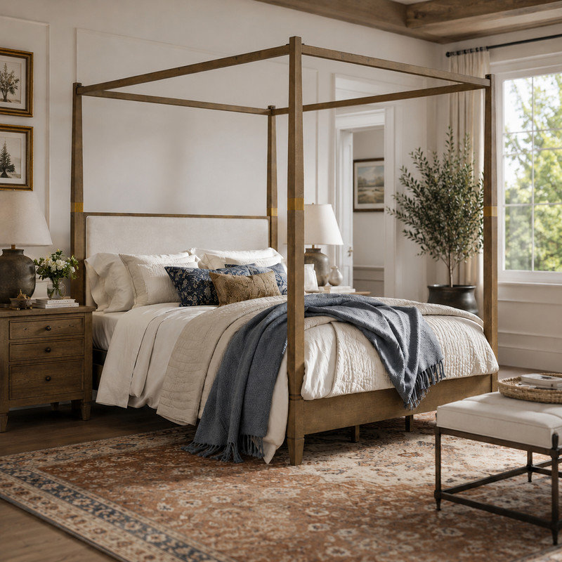 Wood Canopy Bed with Upholstered Headboard