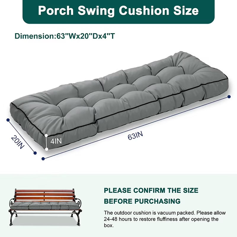 Outdoor 4'' Thick Bench Seat Cushion, 63*20In Waterproof Bench Seat Cushion Replacement, Light Gray