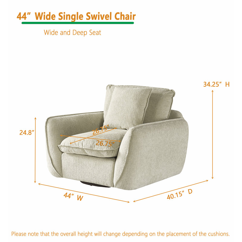 Upholstered 44" W Swivel Chair Accent Armchair Flared Arms, Down-Filled Deep Seat, Light Gray Chenille