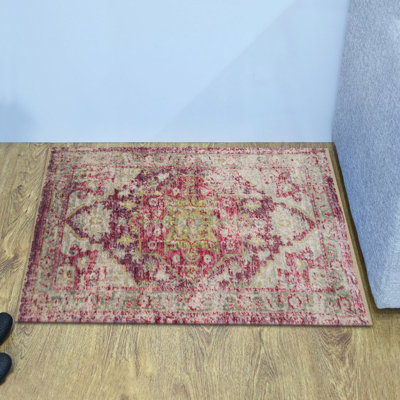 TAPIS EN POLYESTER MACHINE - 2 pi x 3 pi 10 po, forme rectangulaire, couleur rose, design oriental traditionnel classique, tapis à poils courts faits à la machine pour le salon, la chambre à coucher