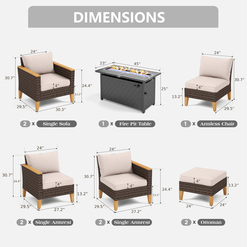 Lonsdale 9 - Person Wicker Outdoor Patio Conversation Furniture Sectional Set with Fire Pit Table, Beige