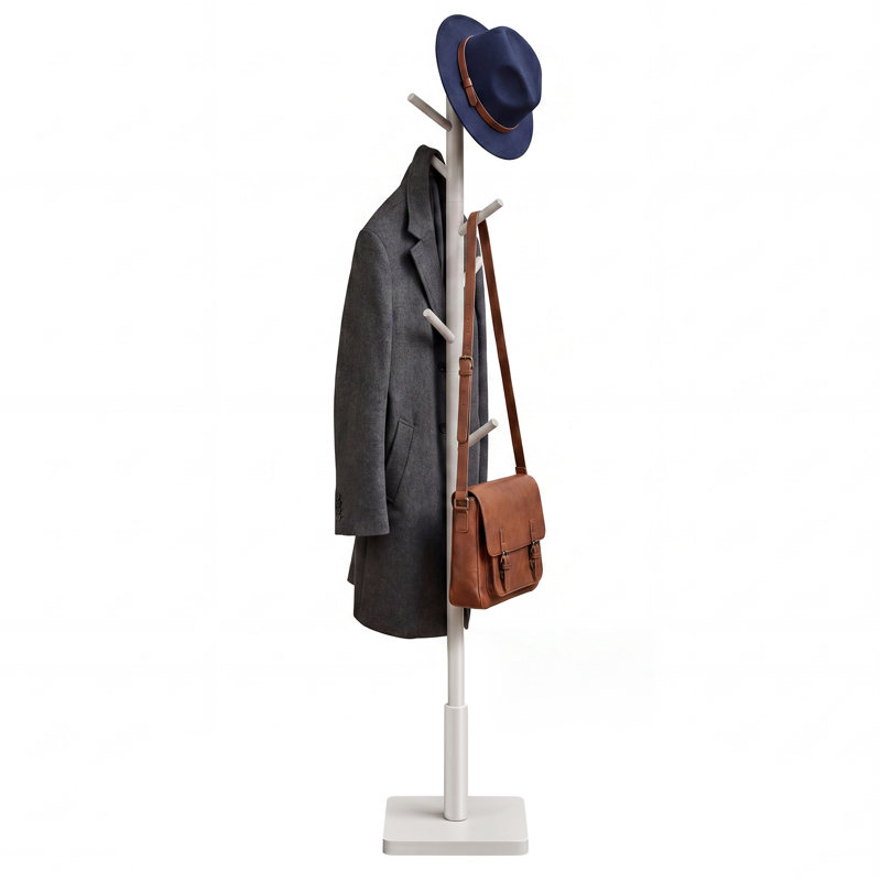 Trikomou Solid Wood 8-Hook Freestanding Coat Rack, Light Gray