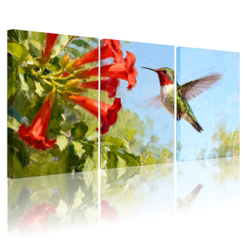Oiseaux, colibri en vol près de fleurs rouges, ensemble de 3 impressions sur toile, H 18 po x l 36 po