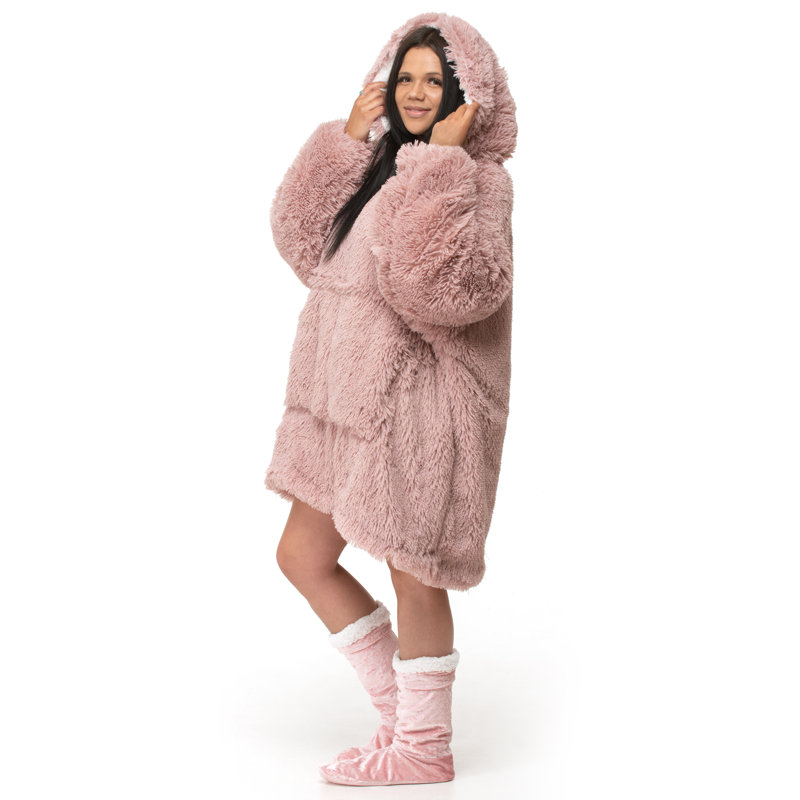 Aatos Velosso Snug Oversize Faux Fur Shaggy Hoodie Blanket Thermal Cosy with Pocket, Pink