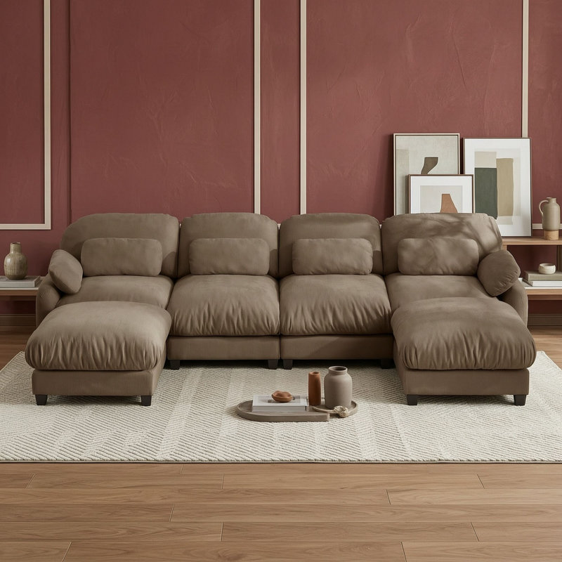 Canapé d'angle en U quatre places avec deux poufs, Brun