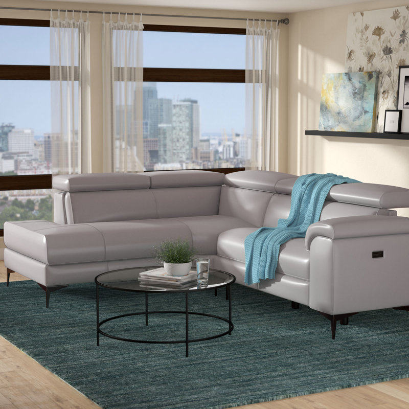 Bryd Upholstered Power Reclining L-Shaped Sectional, Left Hand Facing, Light Gray Genuine Leather