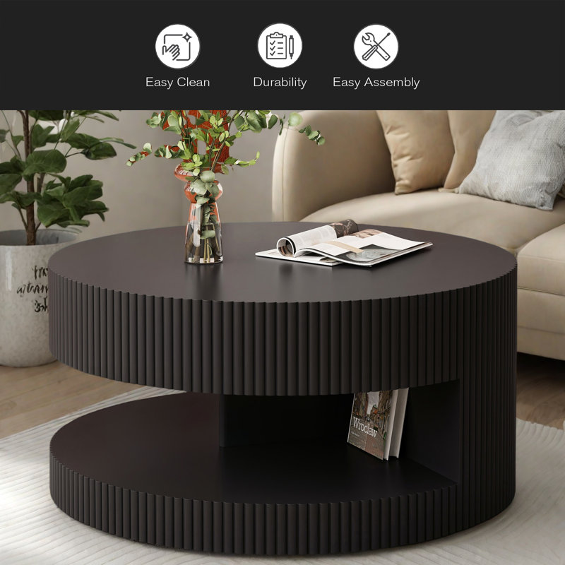 Table basse ronde de 31,5 po, table centrale moderne avec rangement, table basse à rayures verticales pour salon, chambre à coucher