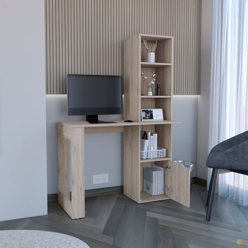 Bureau d'écriture avec bibliothèque et armoire, H 58,19 po x l 38,84 po x P 17,64 po, Gris