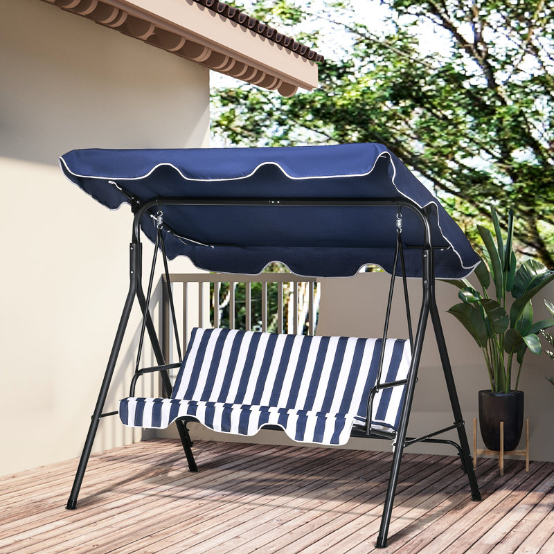 Balancelle d'extérieur bleu foncé 3. Coussin amovible. Cadre en acier. Auvent réglable pour le bord de la piscine. Support de dos confortable. Capacité de 440 lb. 69,1 po x 44,41 po, 59,75 po. Assemblage requis