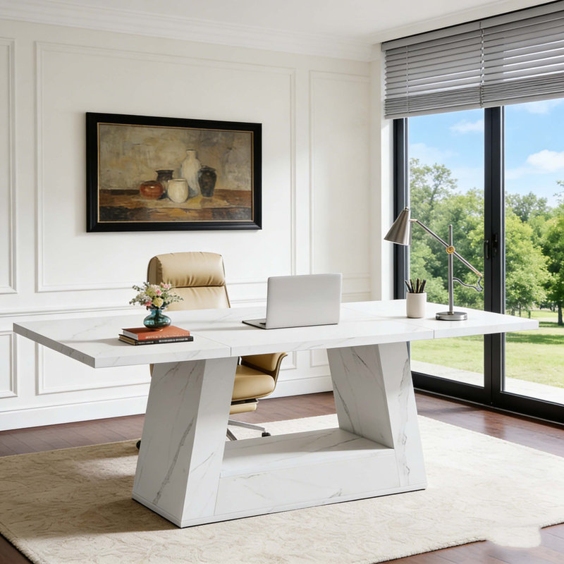 Faux Marble Wood Executive Computer Desk for Office, White