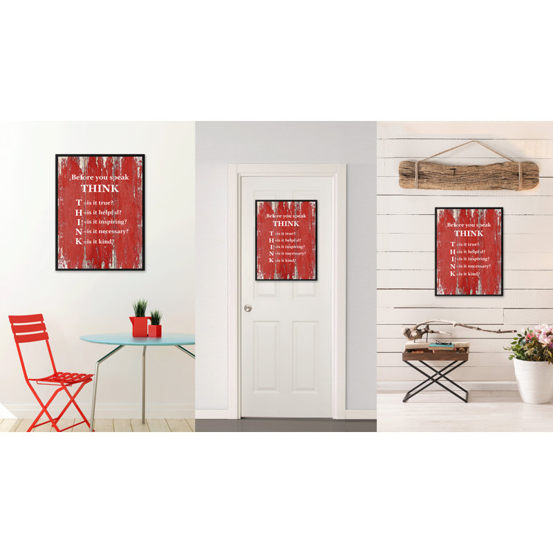 «avant que tu parles pense» encadré art textual sur toile en rouge, H 37 po x l 28 po x P 1,13 po