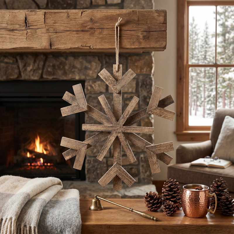 Ornement en bois flocon de neige - brun, H 17,7 po x l 17,7 po x P 0,8 po