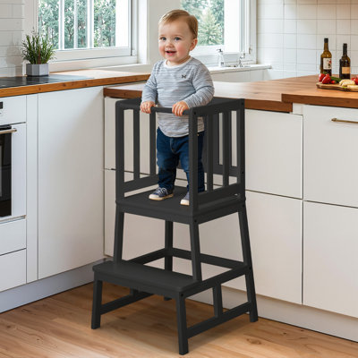Anti-tip Kids Kitchen Step Stool, Natural-bamboo Toddler Standing Tower With Anti-drop Bar