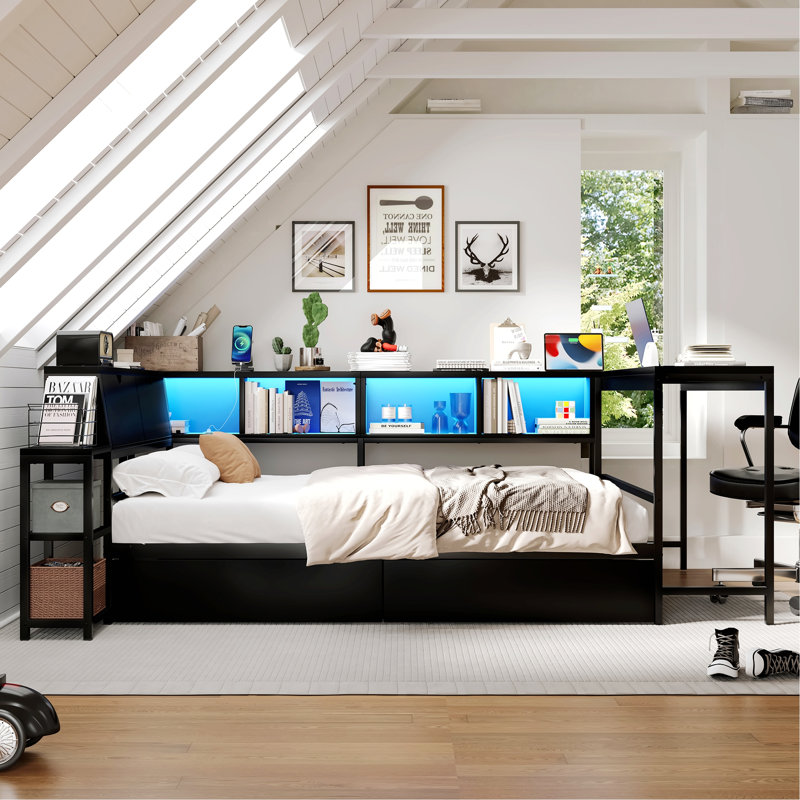 Cadre de lit d'angle avec tablettes et 2 tiroirs de rangement, lit moderne avec lumière DEL et station de charge, Grand lit
