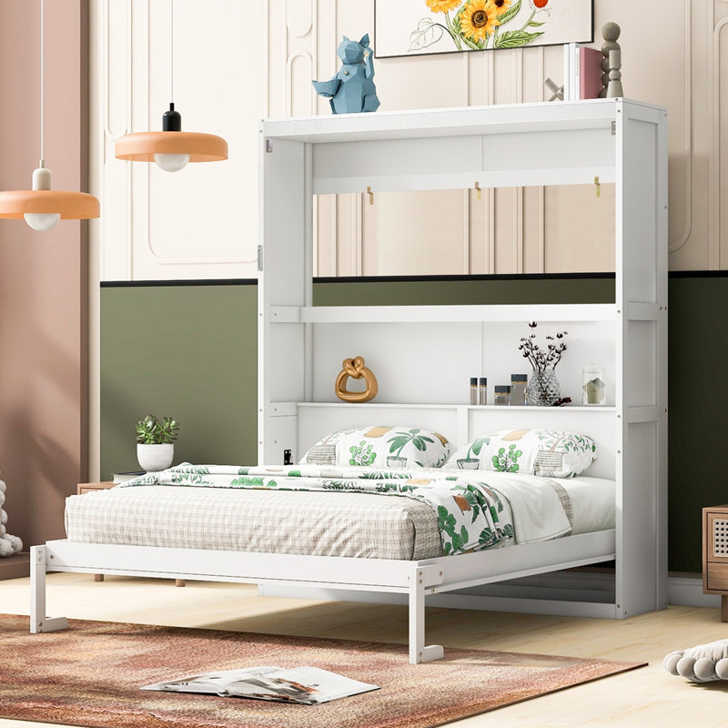 Grand lit escamotable mural avec tablettes, Blanc, Grand lit